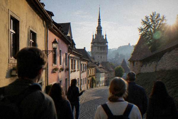A guide with a small group on a cobbled lane of pastel townhouses under a slender tower with a pointed tiled roof, Sighișoara