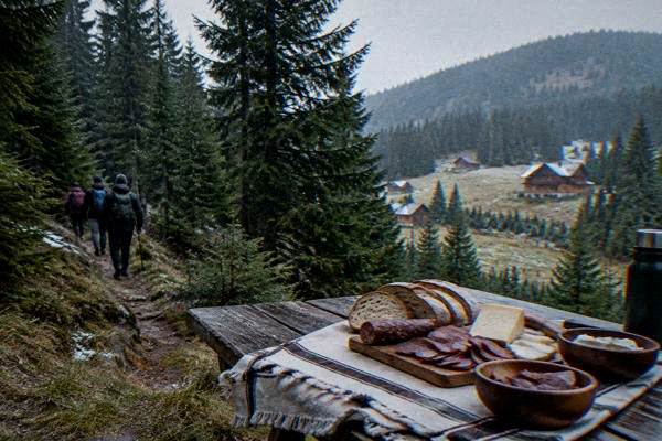 A small group of hikers on a forest path between tall dark spruce trees, then a table laid with bread, cheese and cured meats in a mountain meadow, Păltiniș