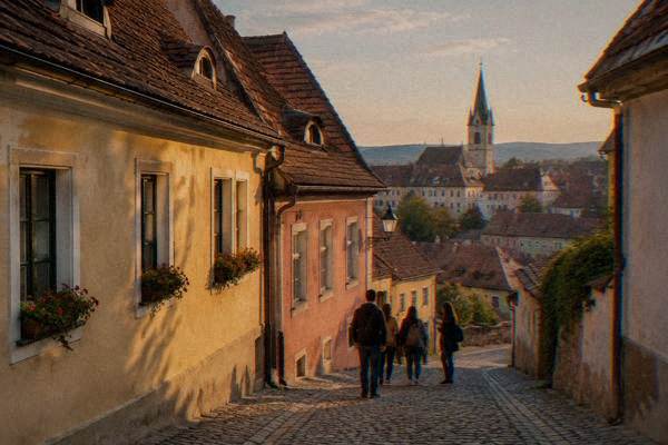 A small group stopped in a narrow cobbled lane of the upper town beneath steep tiled roofs with small arched attic windows, Orașul de Sus