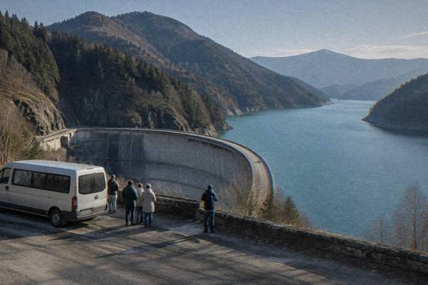 A plain minibus pulled over at a lay-by with visitors looking at a huge curved dam and a long turquoise reservoir among forested mountains, Barajul Vidraru