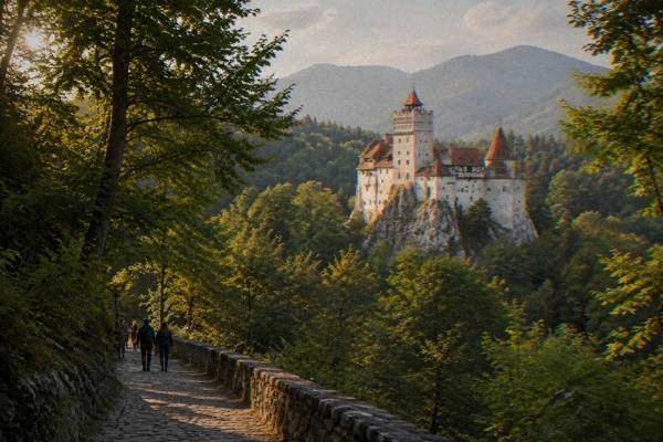 A path through dense green forest leading up to a small white castle with steep orange roofs on a rock, a few visitors small in the frame, Castelul Bran