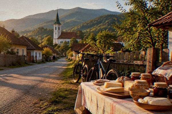 E-bikes leaning against a wooden fence beside a table of cheese, bread and jars of preserves at a village farm, hills beyond, Rășinari