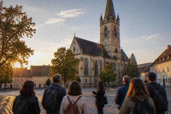 A guide talks to a small walking group in an old town square.