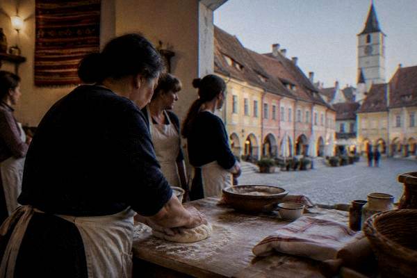 Hands kneading dough on a floured wooden table in a rustic kitchen while a few people in aprons watch, a traditional woven cloth on the wall, Piața Mică