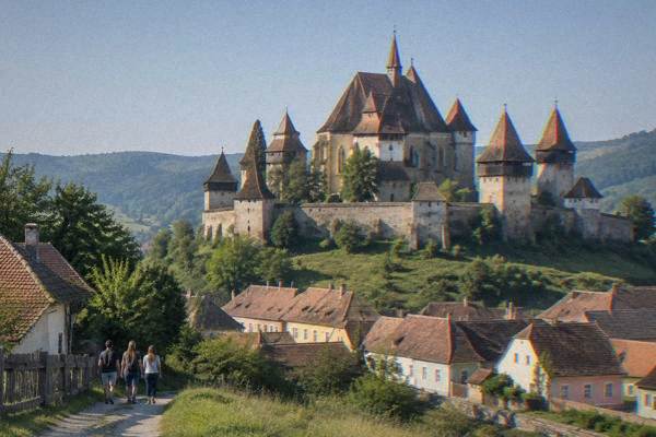 A small group at the foot of a hilltop fortified church ringed by thick walls and towers, a steep tiled roof above, Biertan