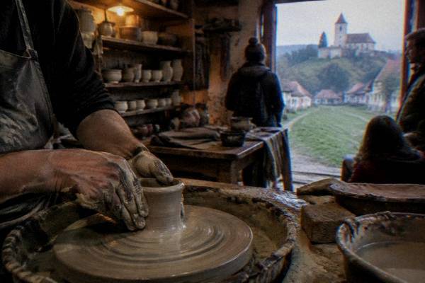 Hands shaping wet clay on a potter's wheel in a rustic workshop with shelves of plain unglazed pots, a few visitors watching, Viscri