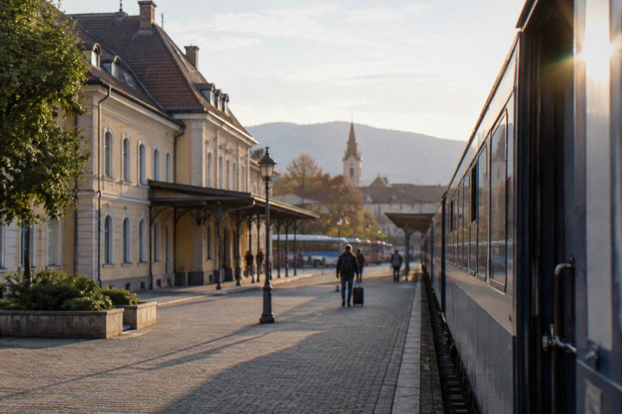A Romanian intercity train standing at a platform beside a station building in the late afternoon