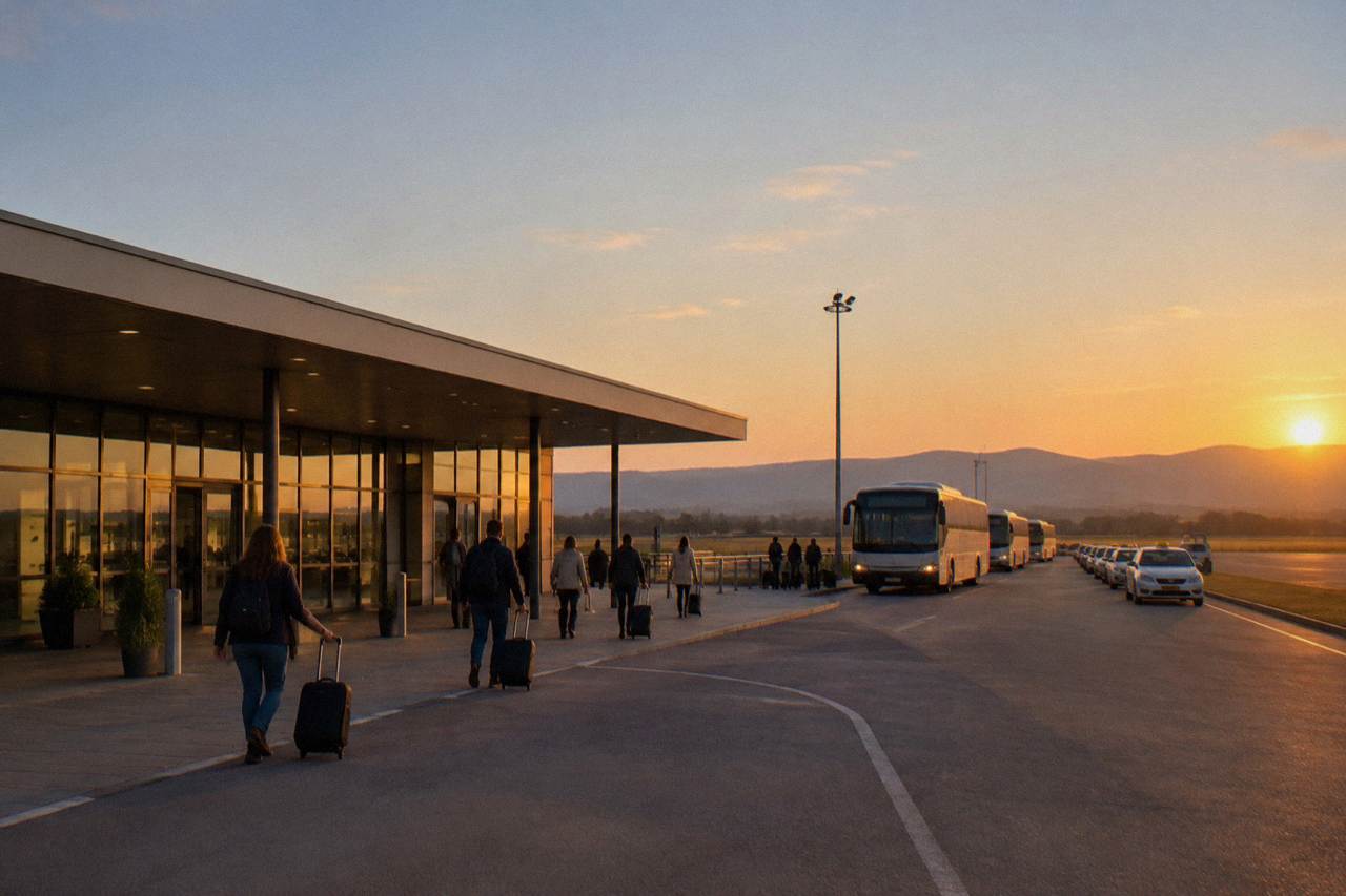 A small regional airport terminal building at dusk with a few travellers walking out towards a bus stop