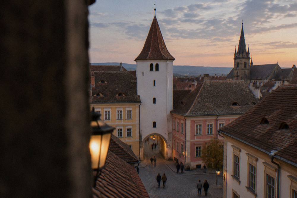 Rooftops of Sibiu with the Council Tower and Lutheran church spire at dusk