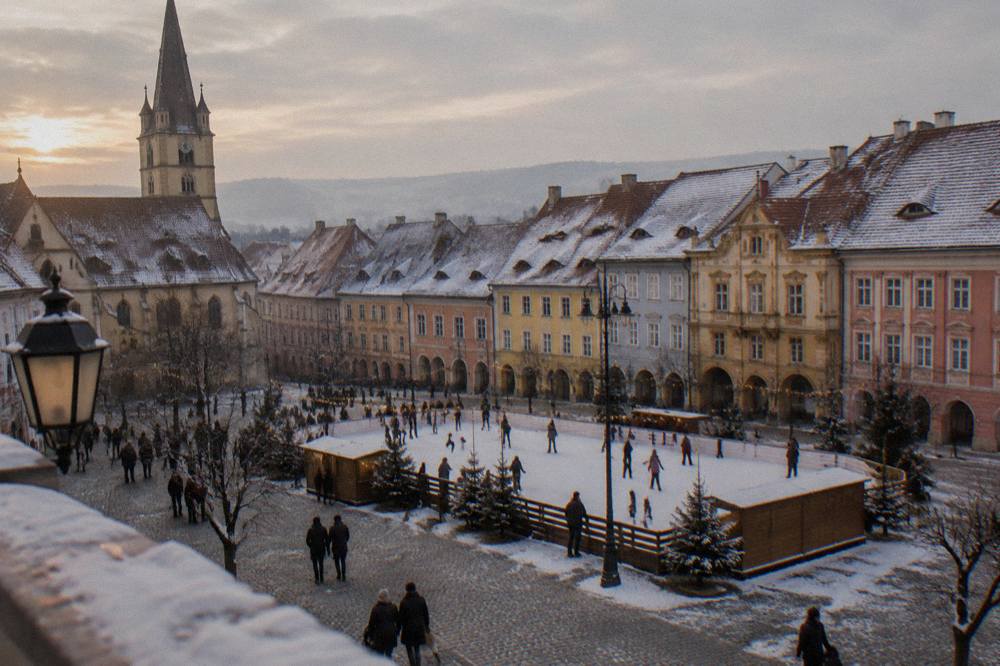 A medieval square in Sibiu lined with colourful facades and an ice rink in winter