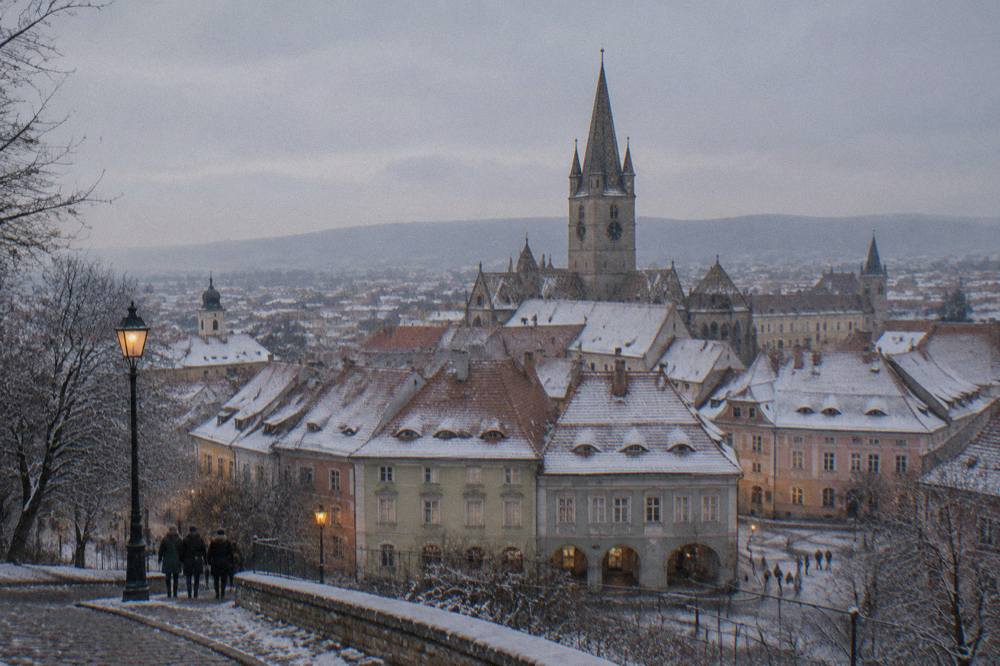 Snow-covered rooftops and church spires of Sibiu's old town seen from a hill at dusk