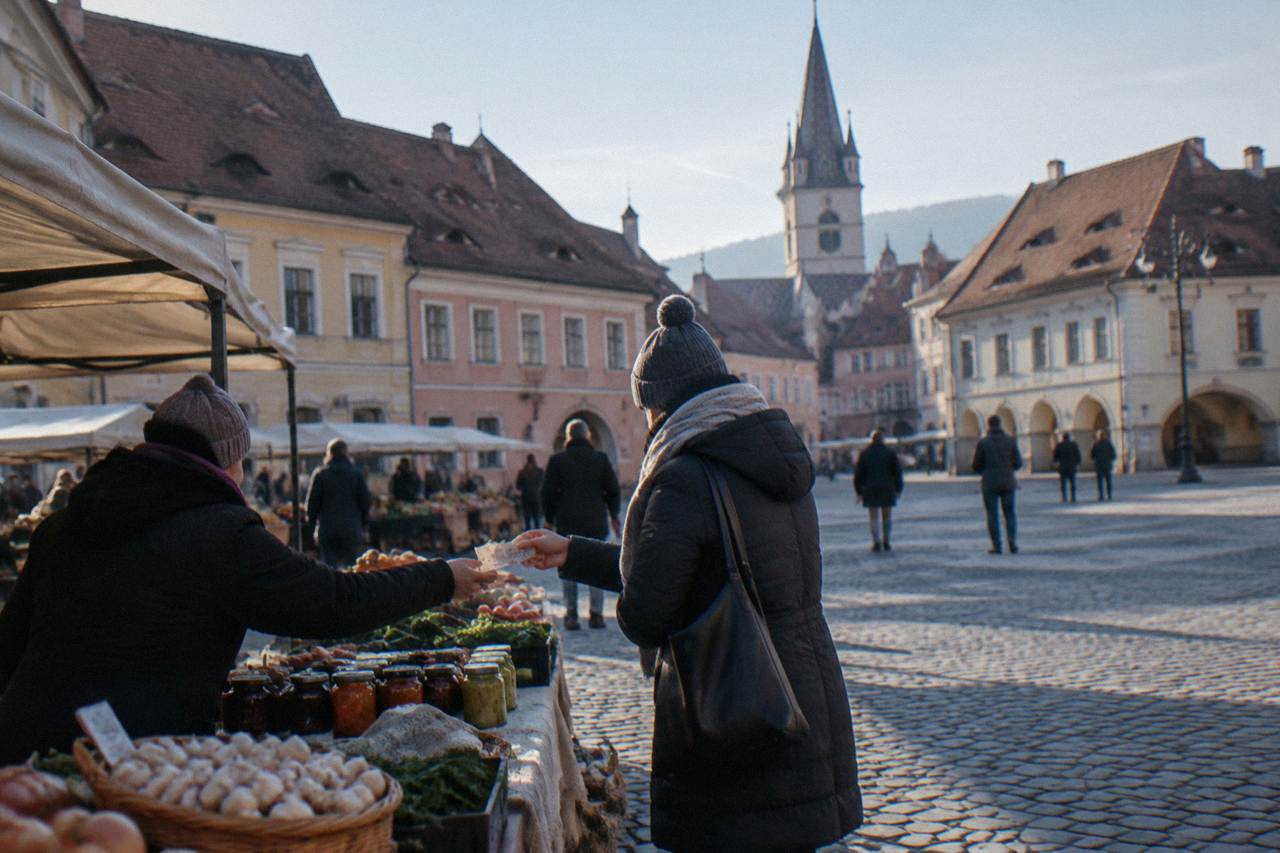A shopper handing banknotes to a stallholder at an outdoor market in a Transylvanian old town square