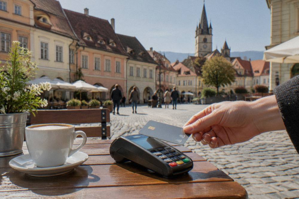 A contactless card being tapped on a payment terminal at a cafe table on a cobbled European square