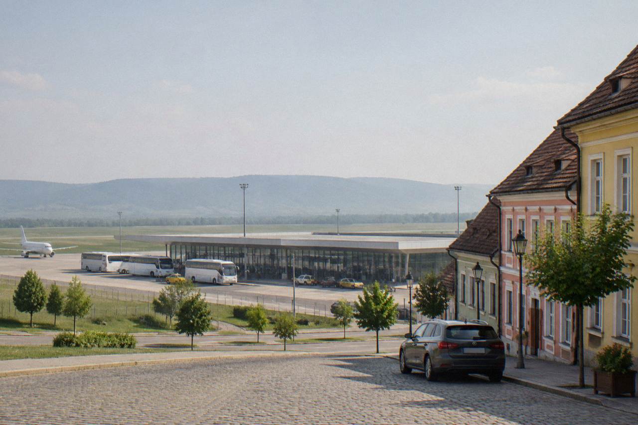 A car parked on a cobbled street below the colourful old houses of a Transylvanian town square