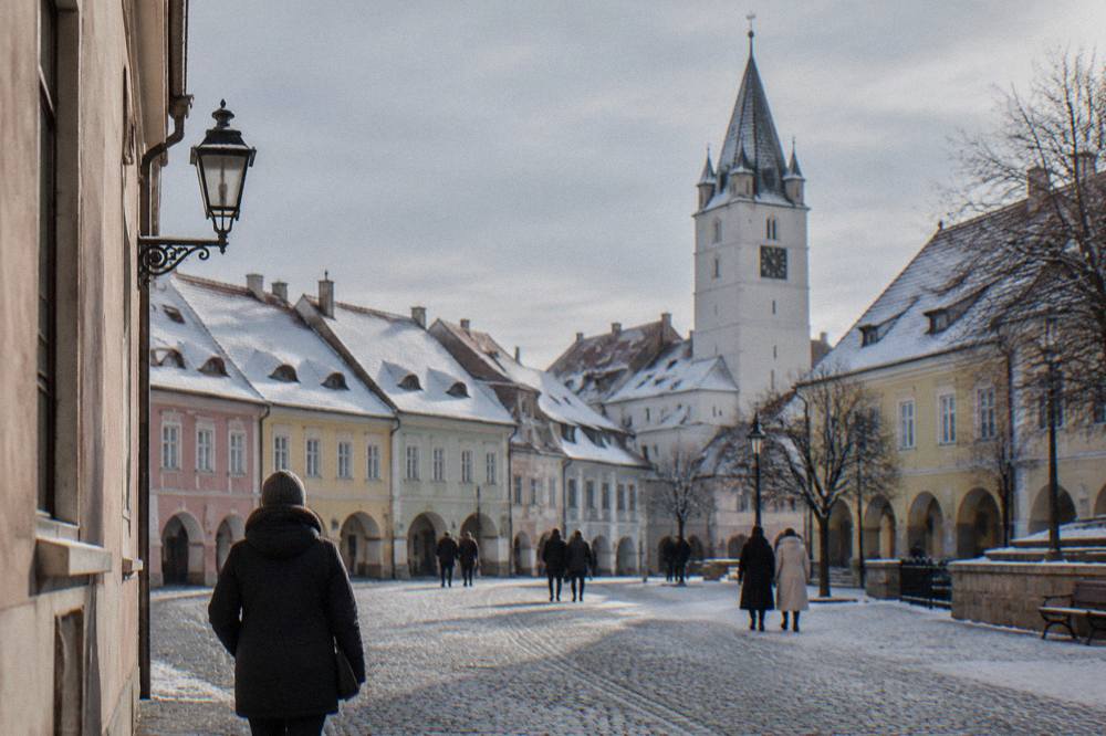 Snow-covered rooftops and a church tower seen from a Sibiu street on a winter morning
