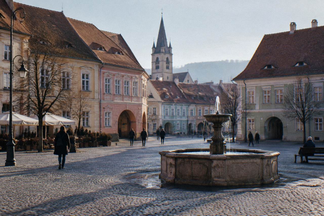 A public fountain in a cobbled square of a Transylvanian old town