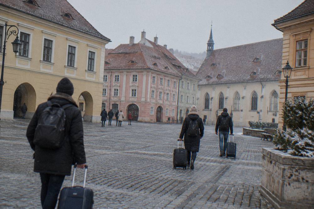 Travellers with suitcases walking through a cobbled square of Sibiu old town past colourful buildings
