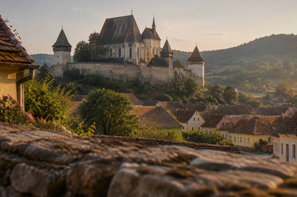 A fortified church with high defensive walls and towers above a small Transylvanian village