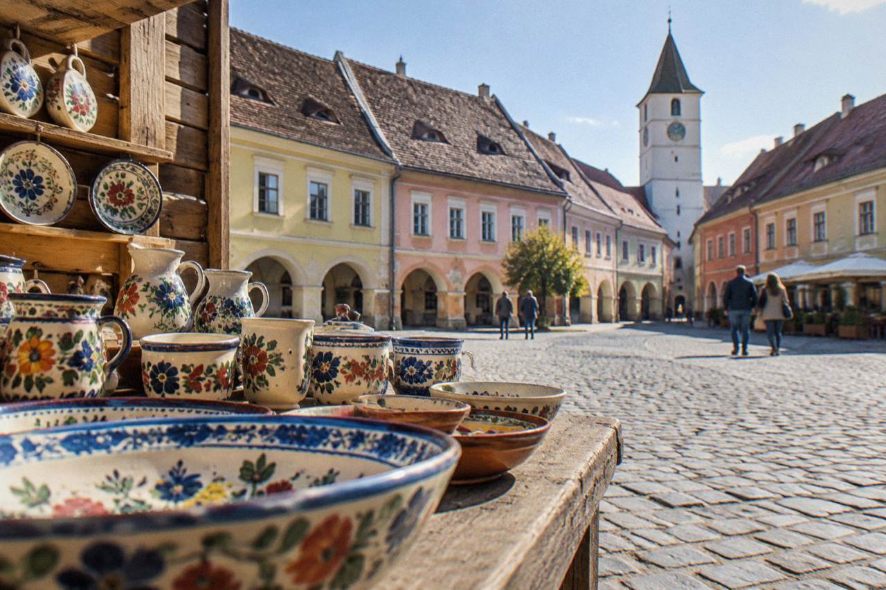 Colourful painted glass icons and hand-painted pottery displayed on a wooden market stall in a Transylvanian town square