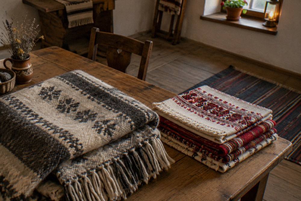 A wool blanket and hand-woven folk textiles folded on a wooden table inside a village workshop in the Sibiu countryside