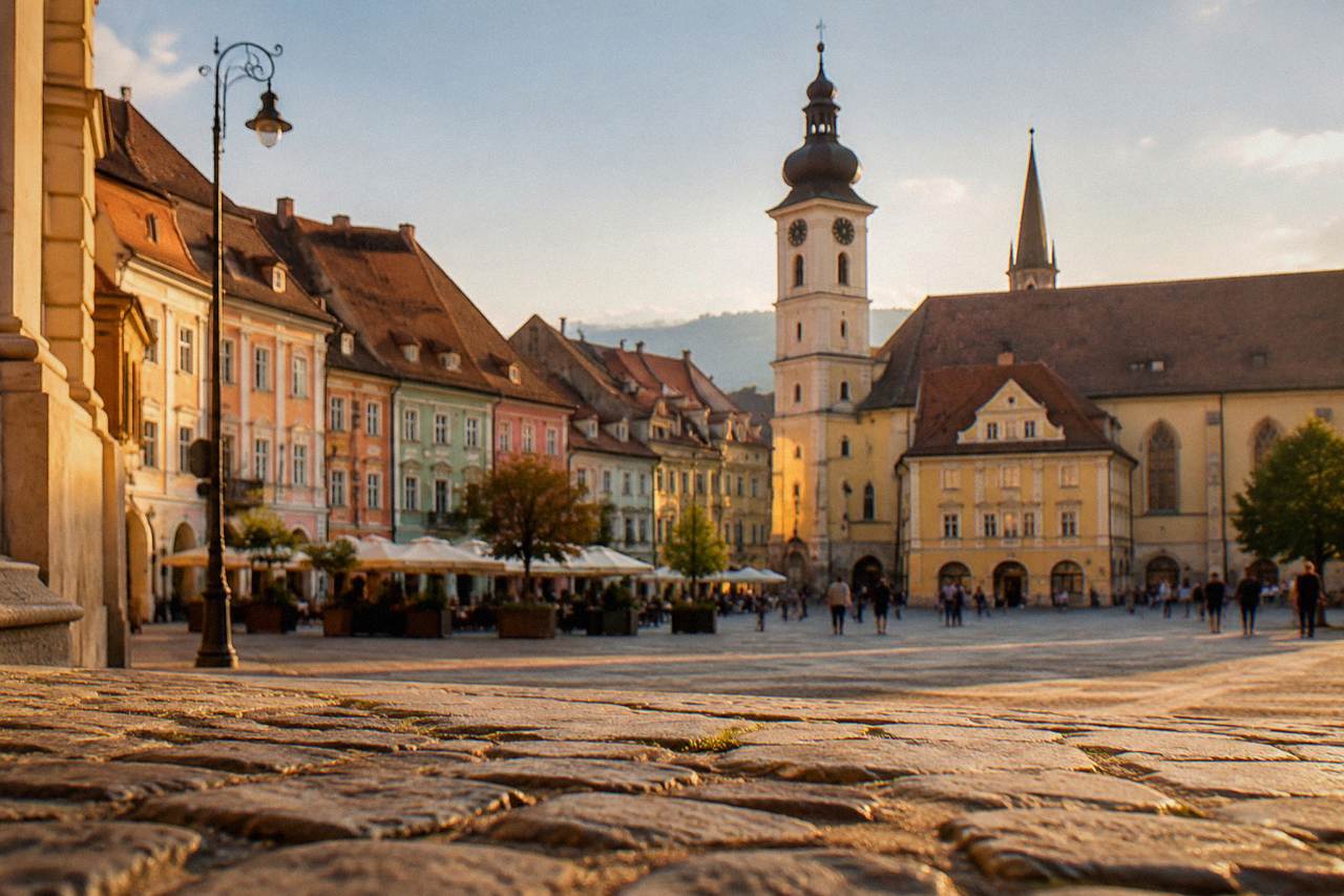 Colourful baroque buildings and church towers around a grand square in a Transylvanian old town