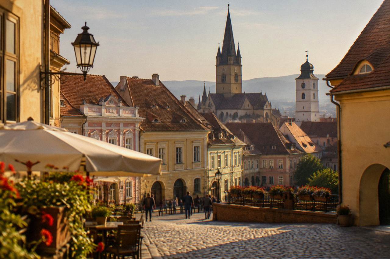 Colourful baroque facades and church spires rising over the rooftops of Sibiu old town