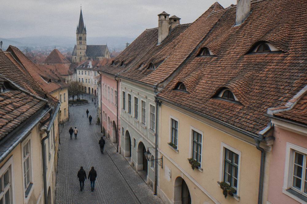 A narrow cobblestone street in Sibiu old town lined by houses with the famous eyebrow dormer windows