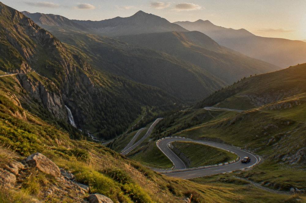 Hairpin bends of an alpine road seen from above, with forested valleys below and peaks beyond