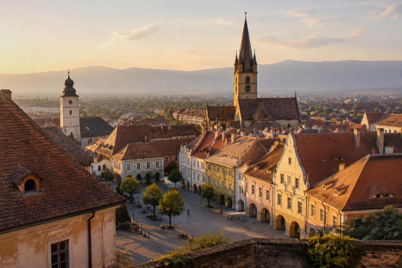 Colourful old town rooftops of Sibiu seen from above, with church spires and distant mountains