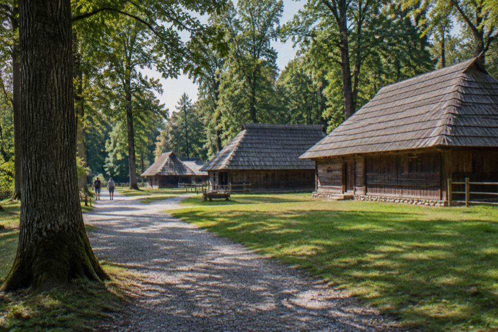 A row of traditional wooden farm buildings with shingle roofs in a forest clearing