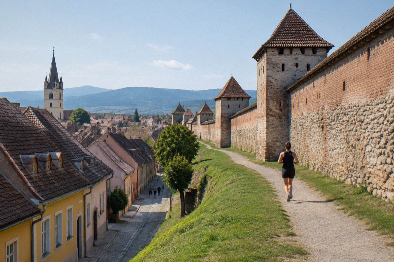 Old colourful houses with steep roofs on a narrow street below Sibiu's city walls