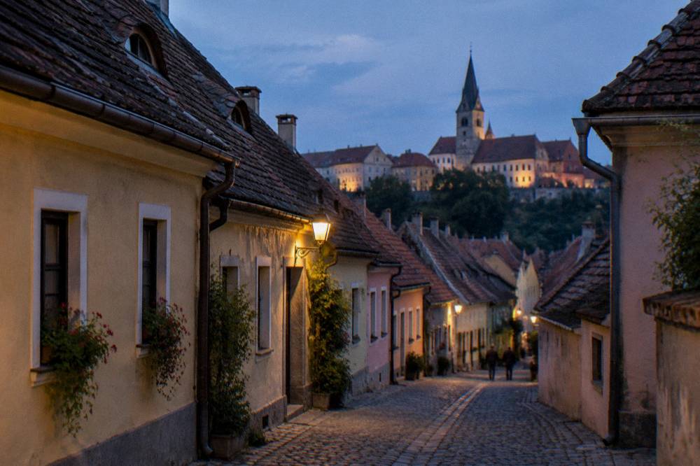 Evening light on small houses with steep roofs along a quiet street in Sibiu's Lower Town