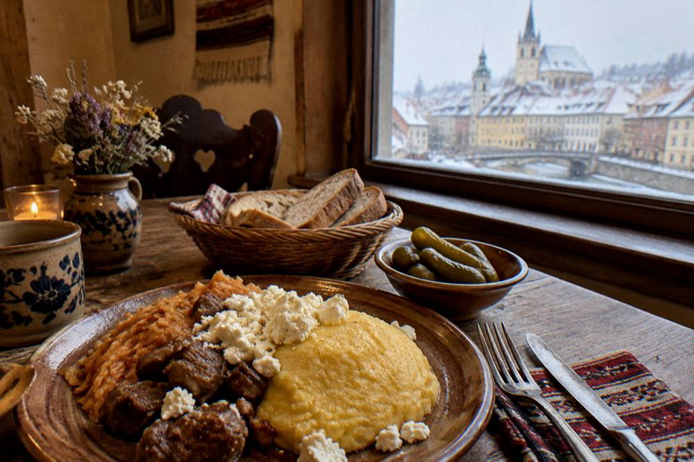 A plate of traditional Romanian dishes on a rustic table in warm indoor light