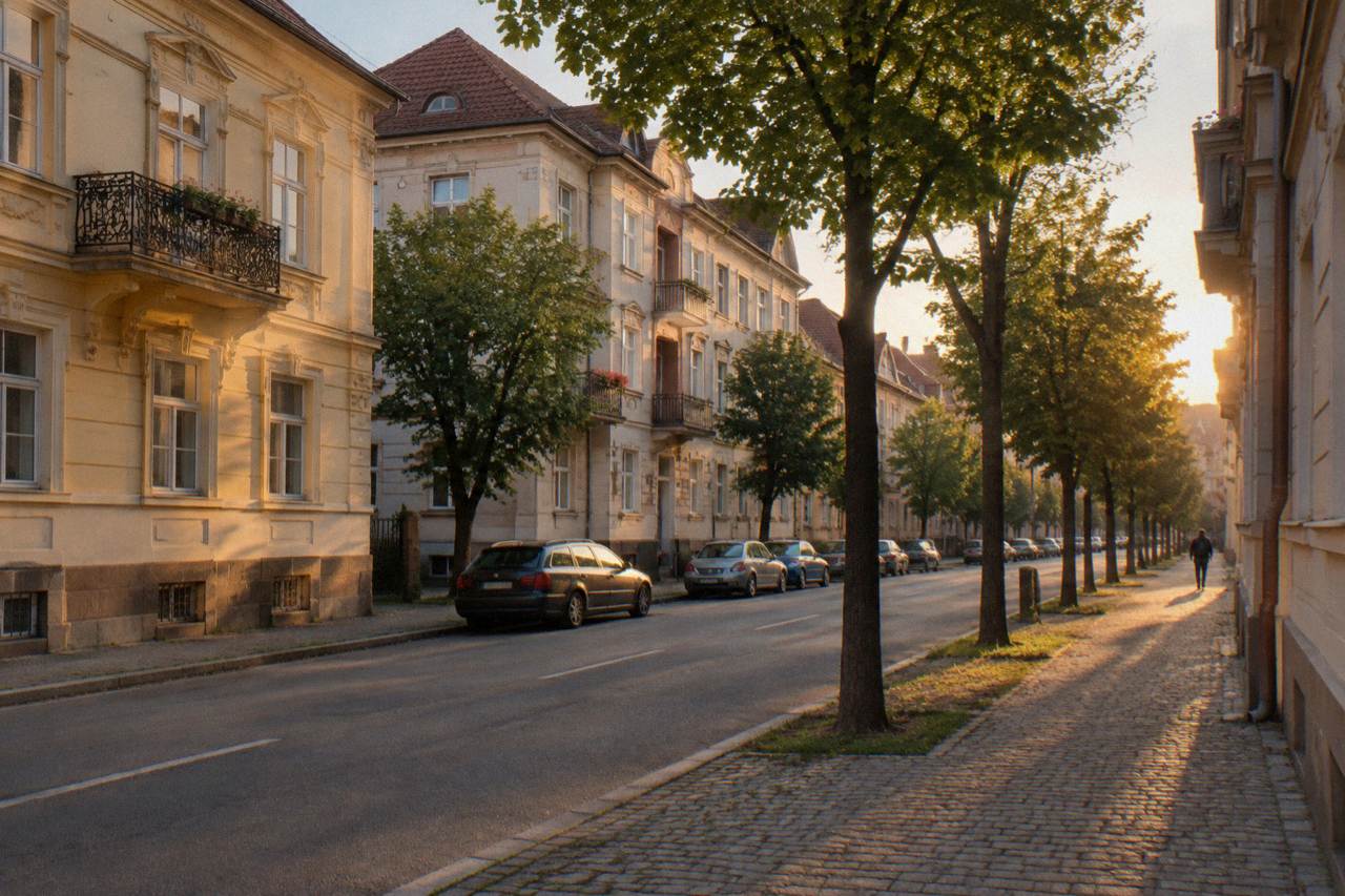 Quiet tree-lined street with ornate older facades in the Terezian quarter of Sibiu