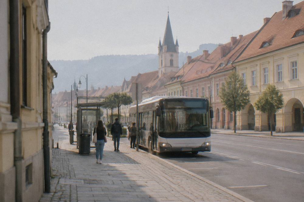 City bus stopping at a street-side stop near the train station east of Sibiu old town