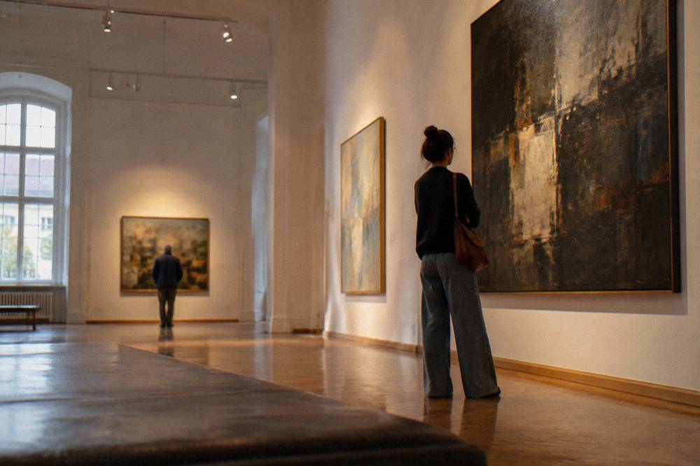 Gallery visitor looking at modern paintings in a museum hall with high ceilings