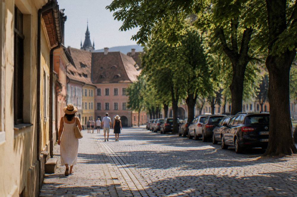 Dusty summer boulevard in eastern Sibiu with mature trees and parked cars