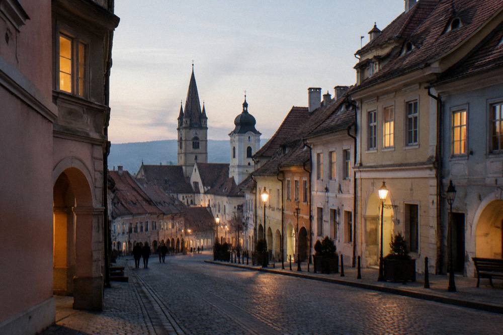 Evening view down a wide street in eastern Sibiu with lit windows and the old town towers in the distance