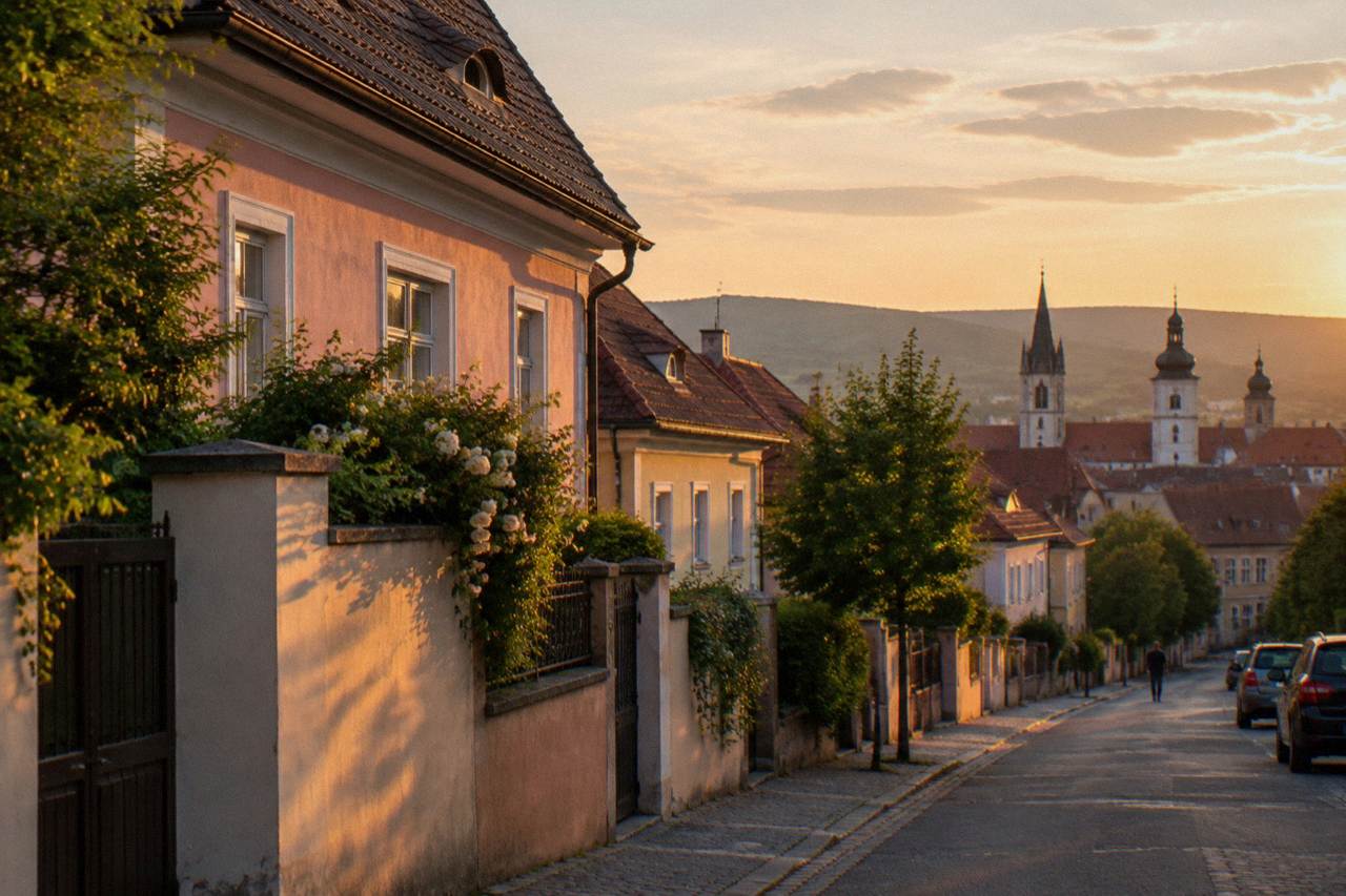Quiet residential street in Turnișor with pastel houses and the towers of Sibiu's old town in the distance