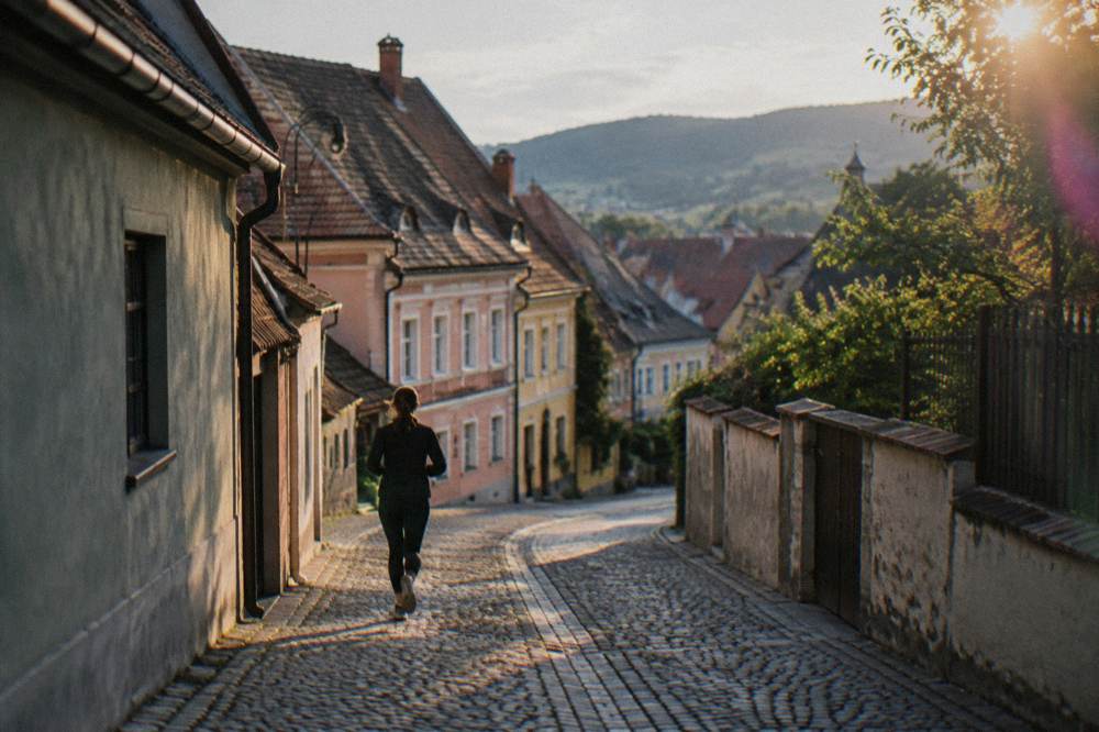 Coloured old houses and roof windows of Sibiu's Lower Town seen from a side street