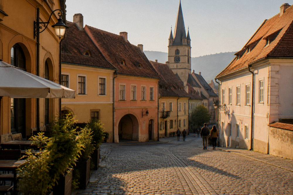 A city bus at a stop on a Sibiu street in late afternoon light