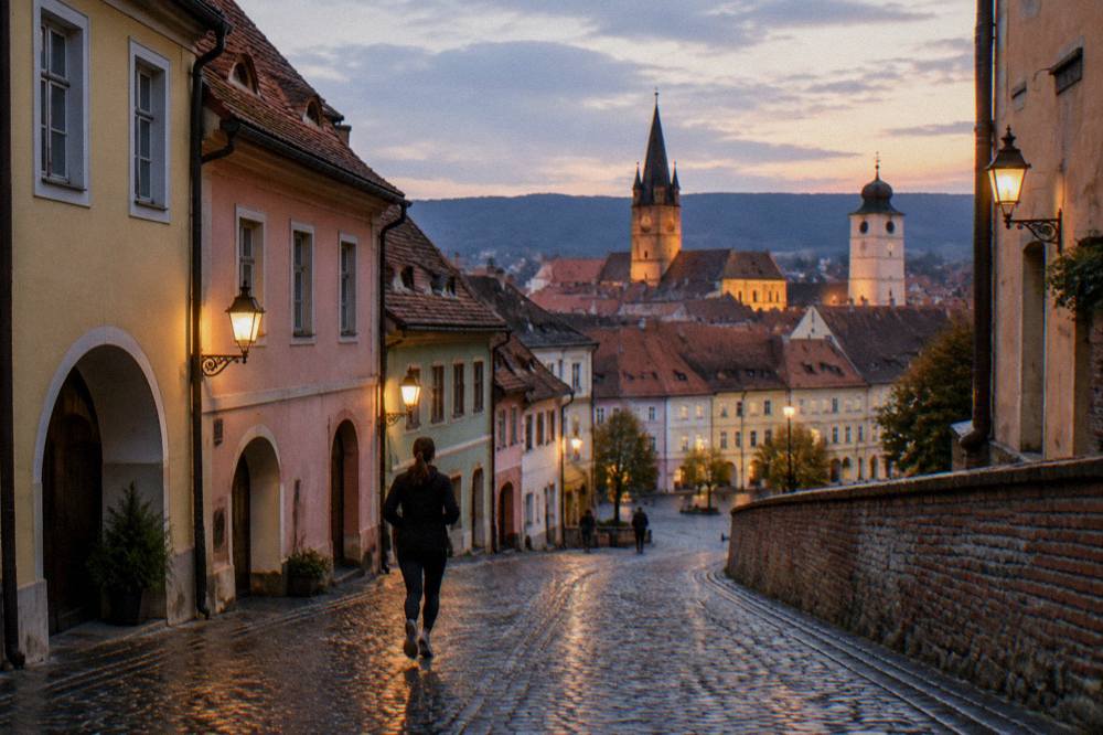 Evening view over Sibiu rooftops with lit towers and the dark line of hills beyond