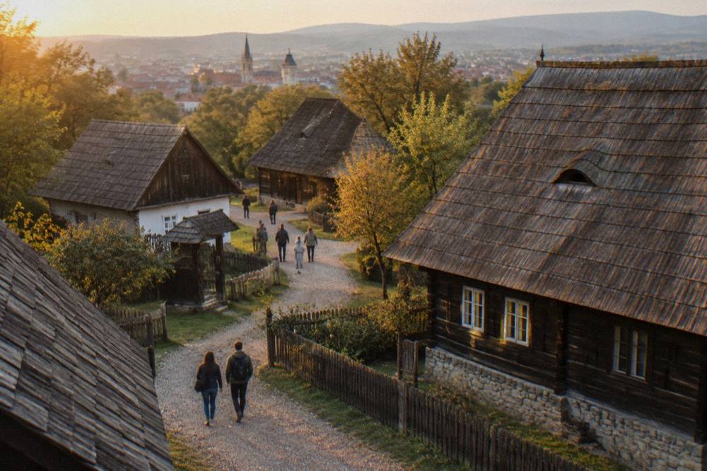 Visitors walking a gravel path between wooden houses at the ASTRA Museum near Sibiu