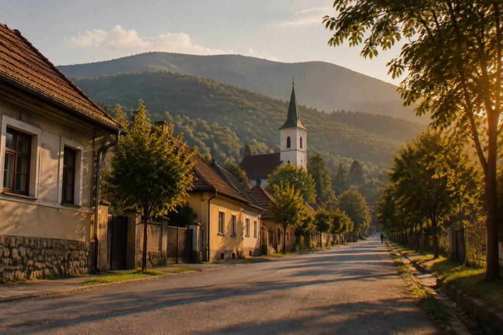 A tree-lined lane of Calea Rășinari leading towards the Dumbrava forest on the edge of Sibiu