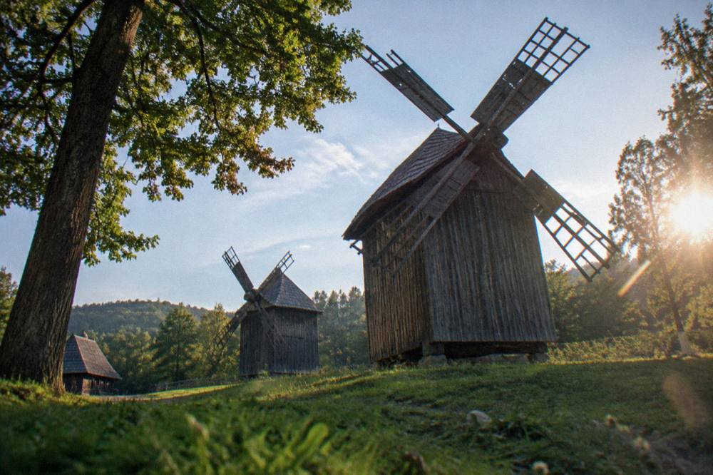 Wooden windmills standing in a clearing at the ASTRA open-air museum near Sibiu