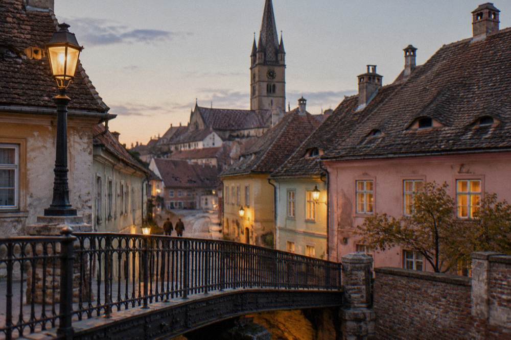 The Bridge of Lies at dusk with lit windows on the houses of Piața Mică