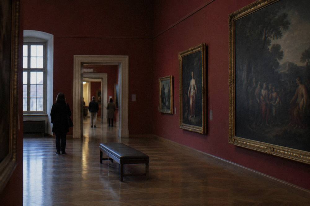 Painted gallery hall with old master canvases hanging on deep red walls