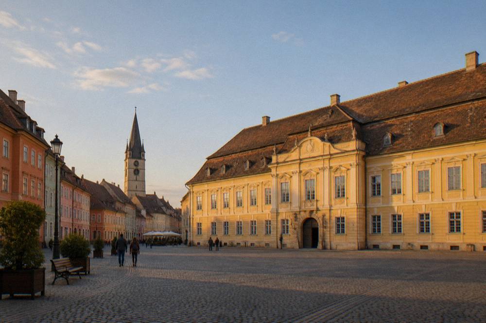 Street of coloured historic houses leading toward a church tower in Sibiu
