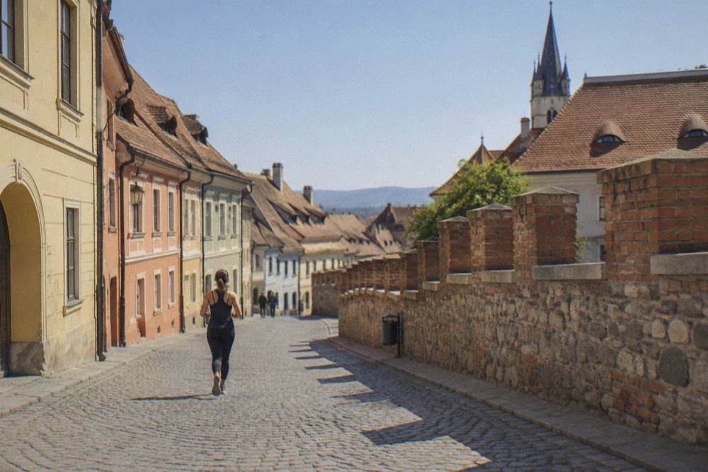 A stone and brick wall section with crenellations in Sibiu's old town under a blue sky