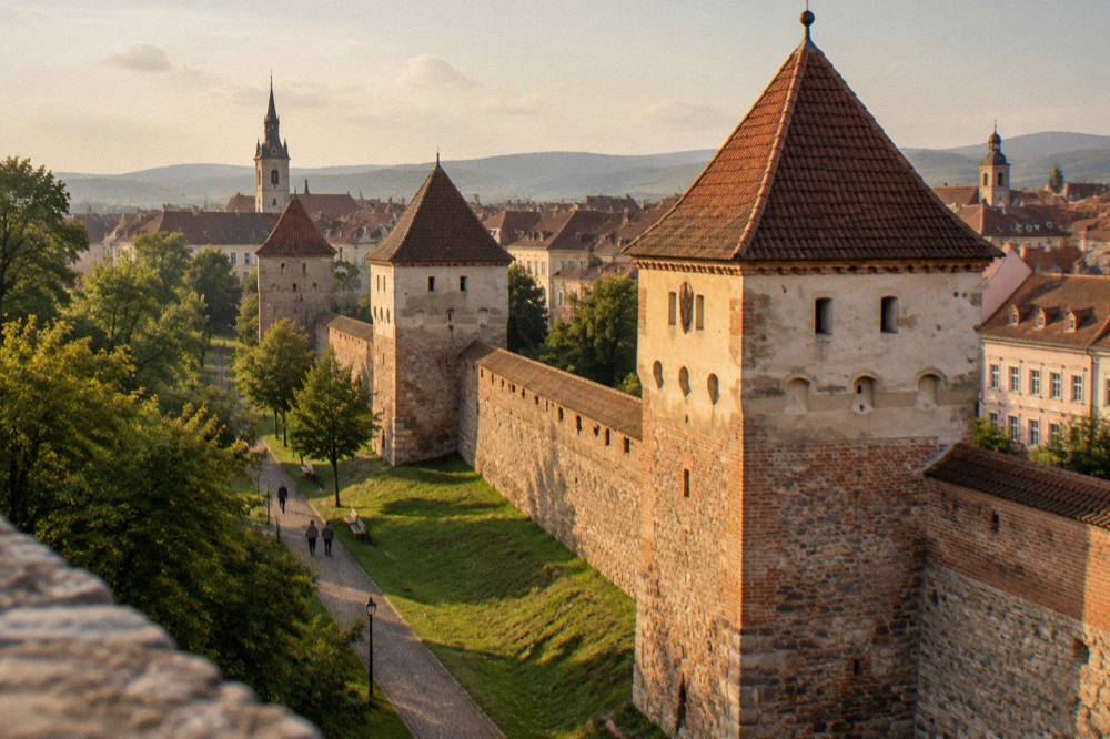 A square medieval guild tower with a red tiled roof beside a city wall in Sibiu
